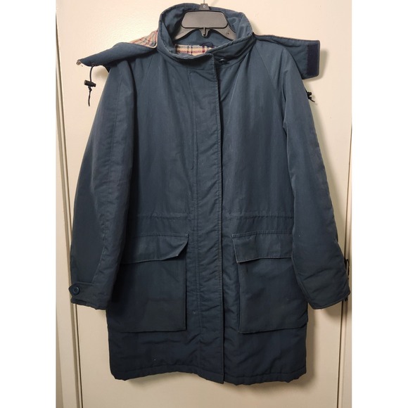 Vtg Woolrich Woman Med Blue Flannel Lined Chore Coat Barn Jacket Detachable Hood